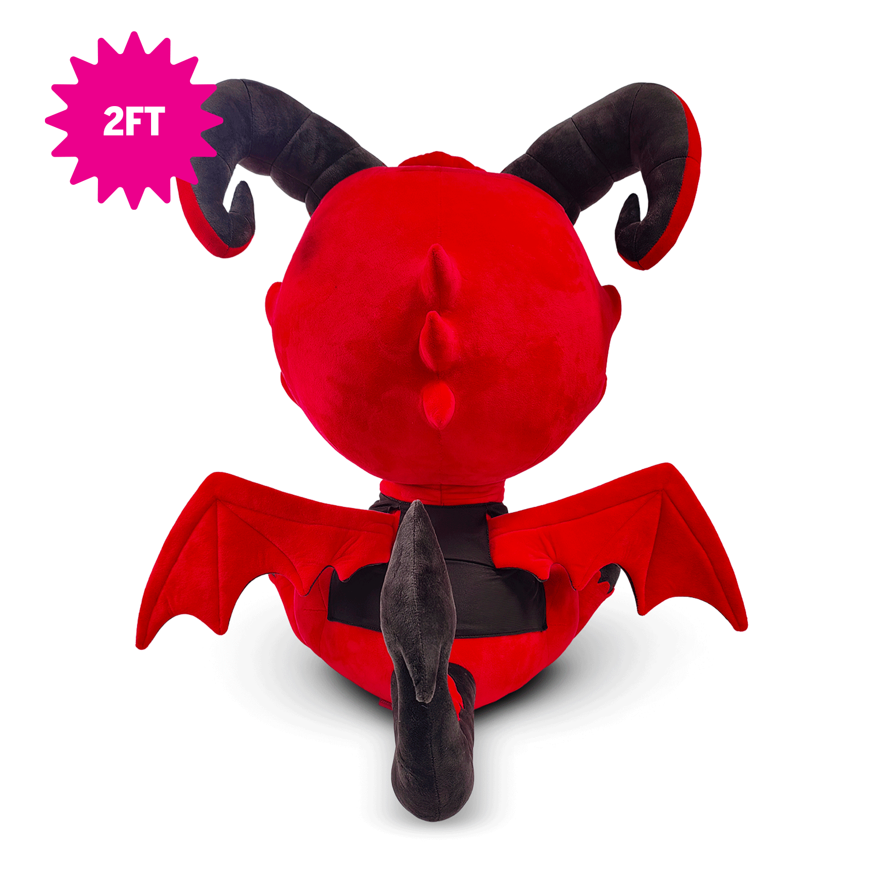 A 2-foot Hotel Hazbin Razzle plush toy shown from the back, featuring black horns, wings, and tail, on a white background with a pink '2FT' size badge.