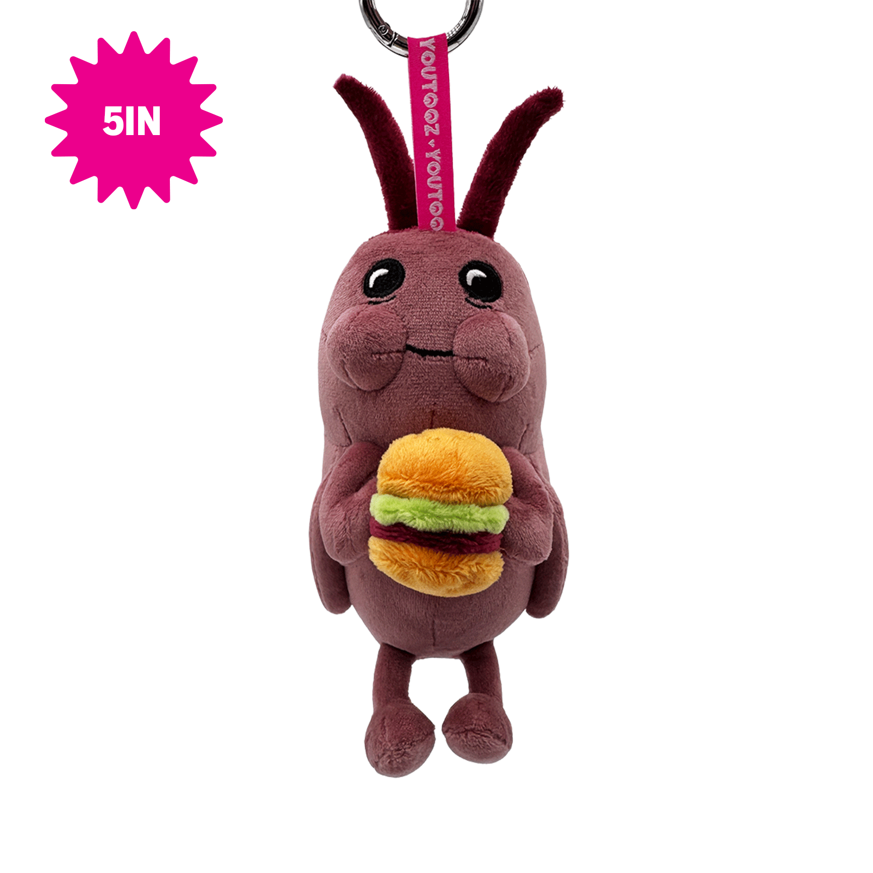 Spongebob Cockroach plush character keychain in a dark reddish-brown color, holding a miniature yellow and green hamburger. It has long antennae, a pink hanging loop with the brand name 'youtooz youtooz', and a pink starburst graphic in the top left corner that reads '5IN'.
