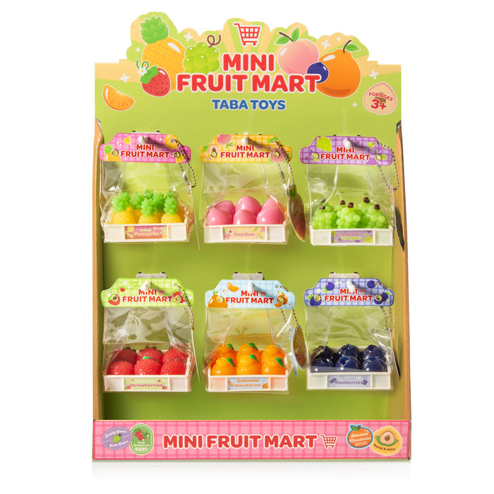 Mini Fruit Mart toy set packaging with colorful fruit toys on a white background
