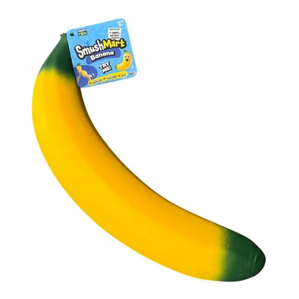 Toy banana with a Smush Mart label on a white background