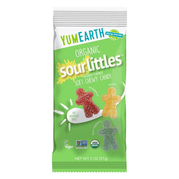 Green package of Yum Earth Organic Sour Littles soft chewy candy on a white background