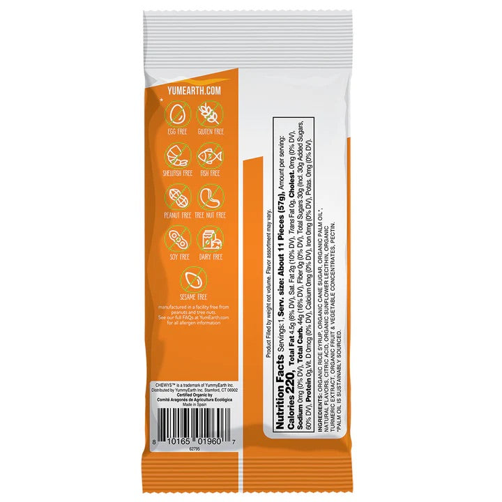 Orange and white snack package with nutritional information on a white background