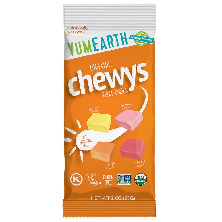 YumEarth Organic Chewys fruit chews packaging on a white background
