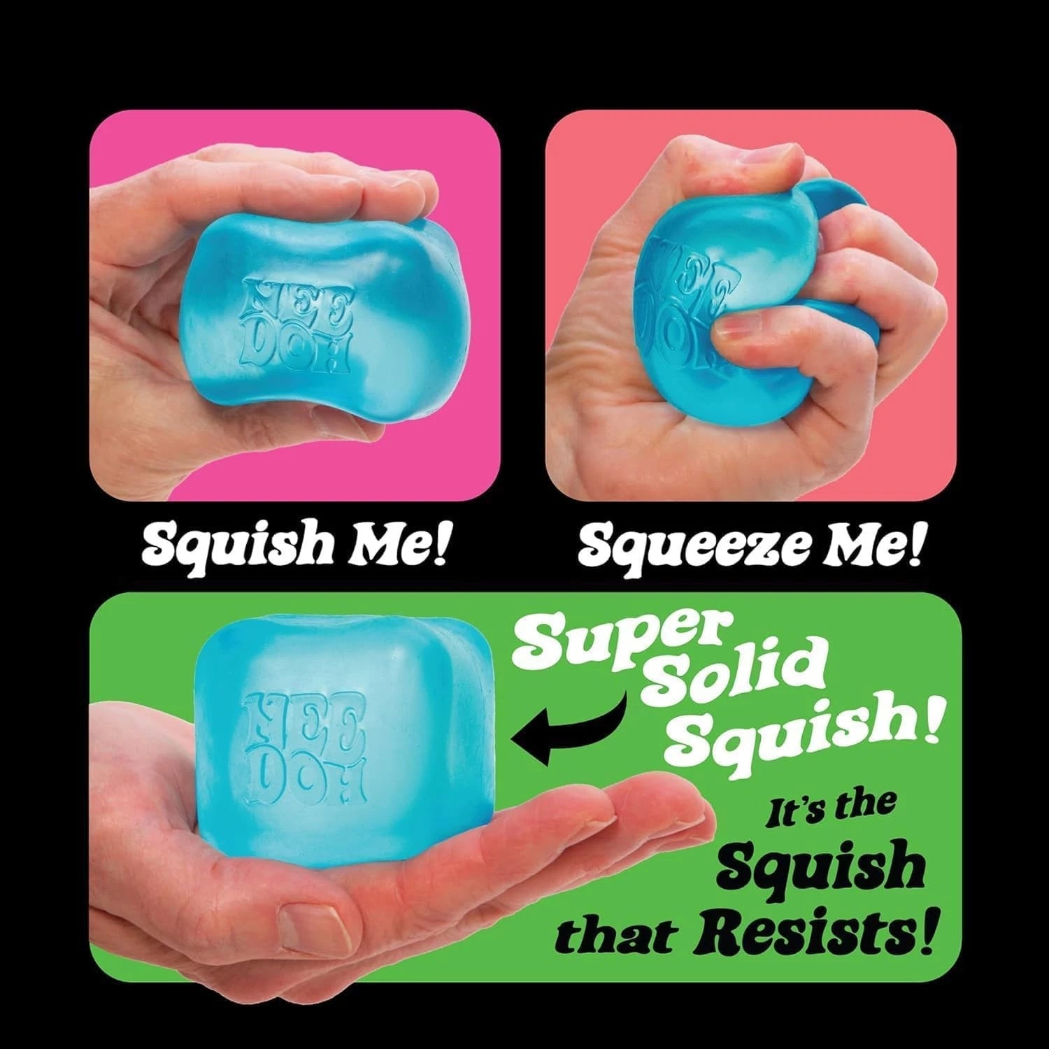 Needoh nice stress cube being squished and squeezed with text indicating its resistance properties.