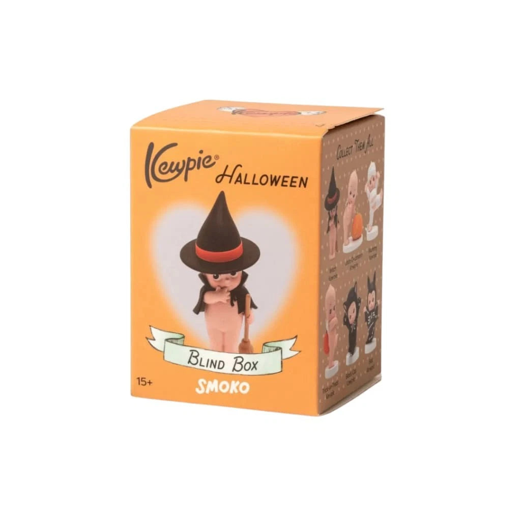 Kewpie Halloween blind box packaging with a witch-themed design on an orange background.