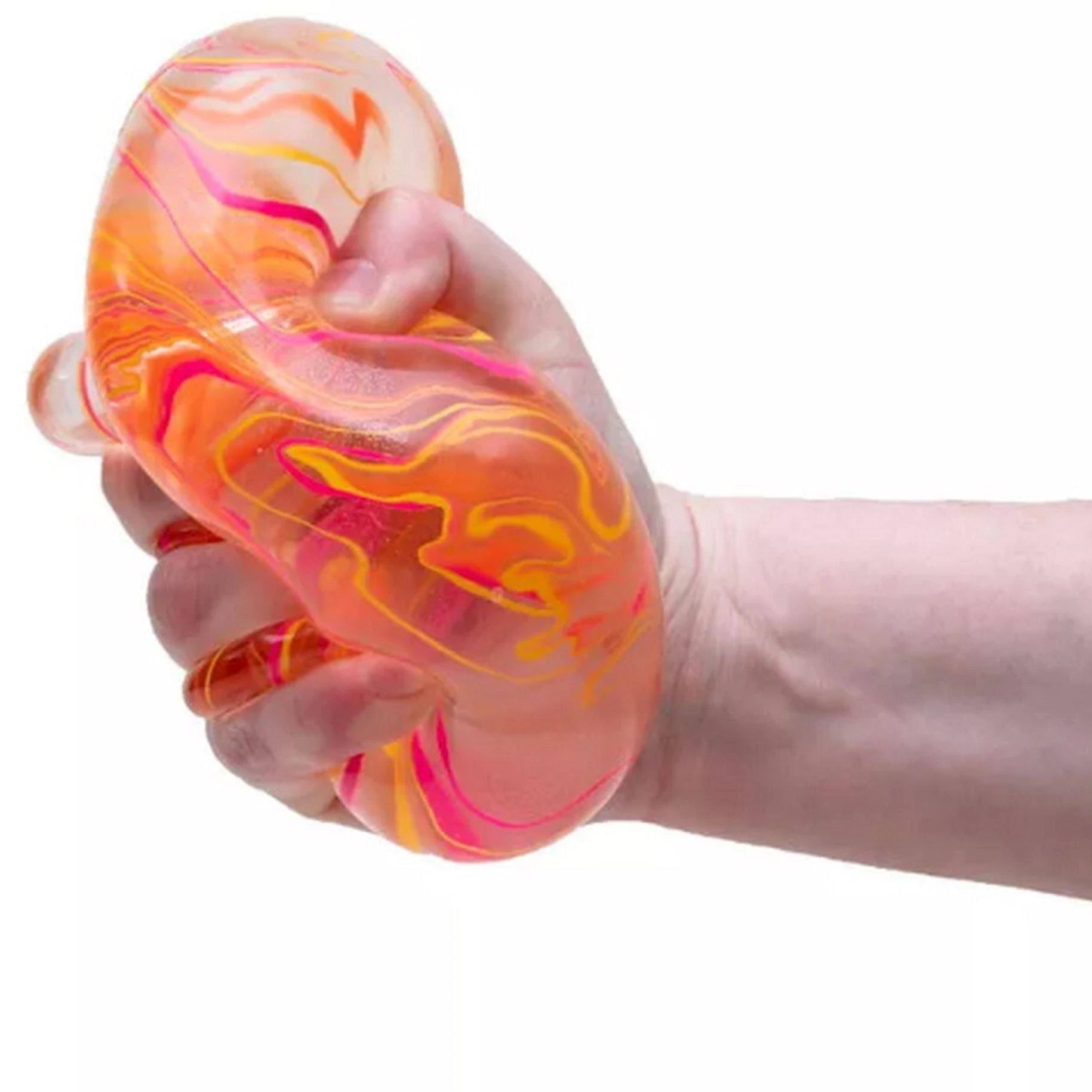 Hand squeezing a translucent Nee Doh Niceberg Swirl stress toy with orange, pink, and yellow marbled patterns against a white background.