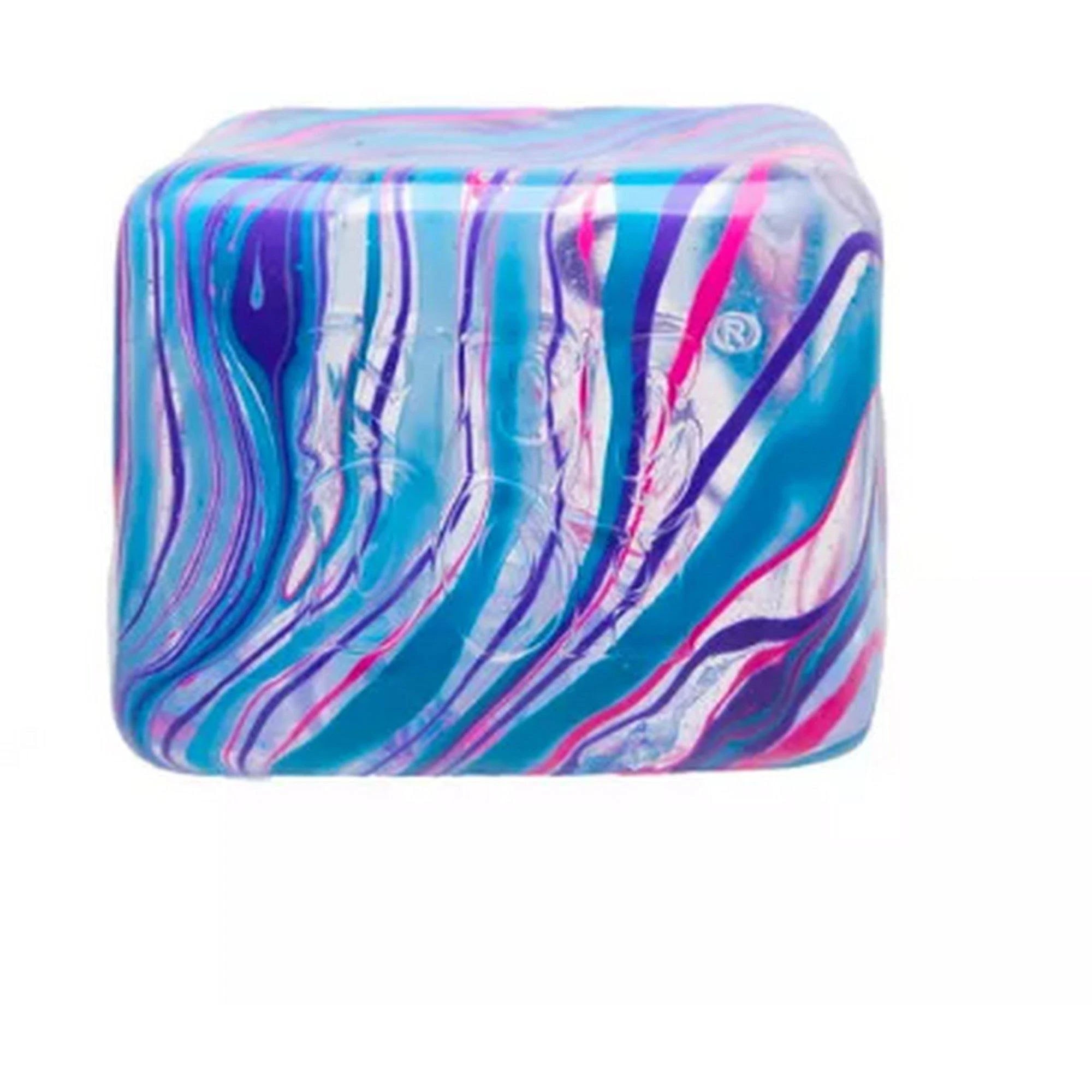Square Nee Doh Niceberg Swirl squeeze toy with blue, purple, and pink marbled patterns, shown against a white background.