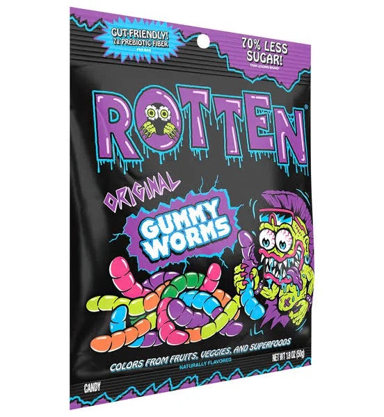 Packaging of Rotten Original Gummy Worms with colorful text and graphics on a black background.
