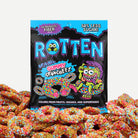 Packaging of Rotten Gummy Crunchez with colorful gummy candies in front