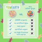 Comparison chart between YumEarth and 'the other guys' on a green background with gummy bears.