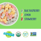 Colorful gummy kids in a bowl with flavor text and certification logos on a green background