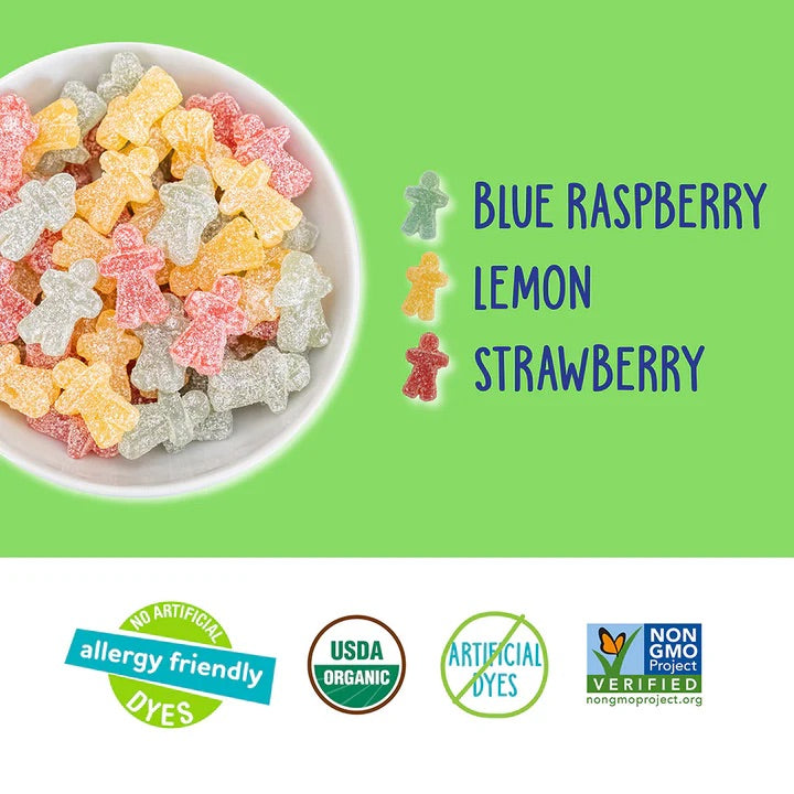 Colorful gummy kids in a bowl with flavor text and certification logos on a green background