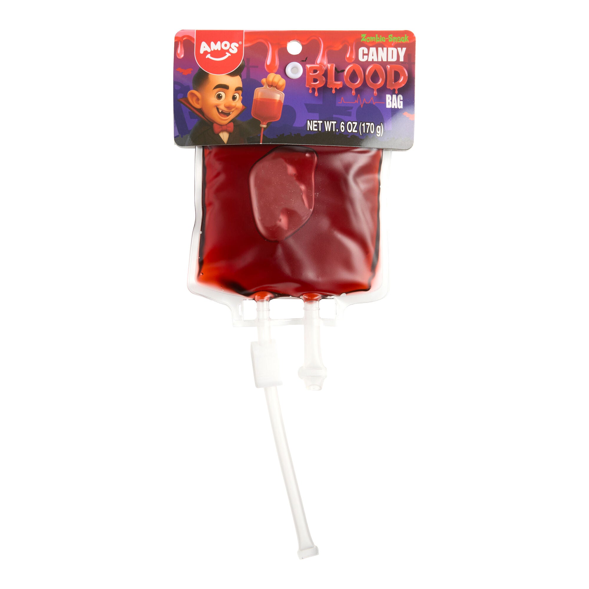A packaged novelty candy blood bag from Amos on a plain white background. The product consists of a red liquid-filled bag with a white drip chamber and a printed header card featuring vampire artwork and the text 'Amos Candy Blood Bag'.
