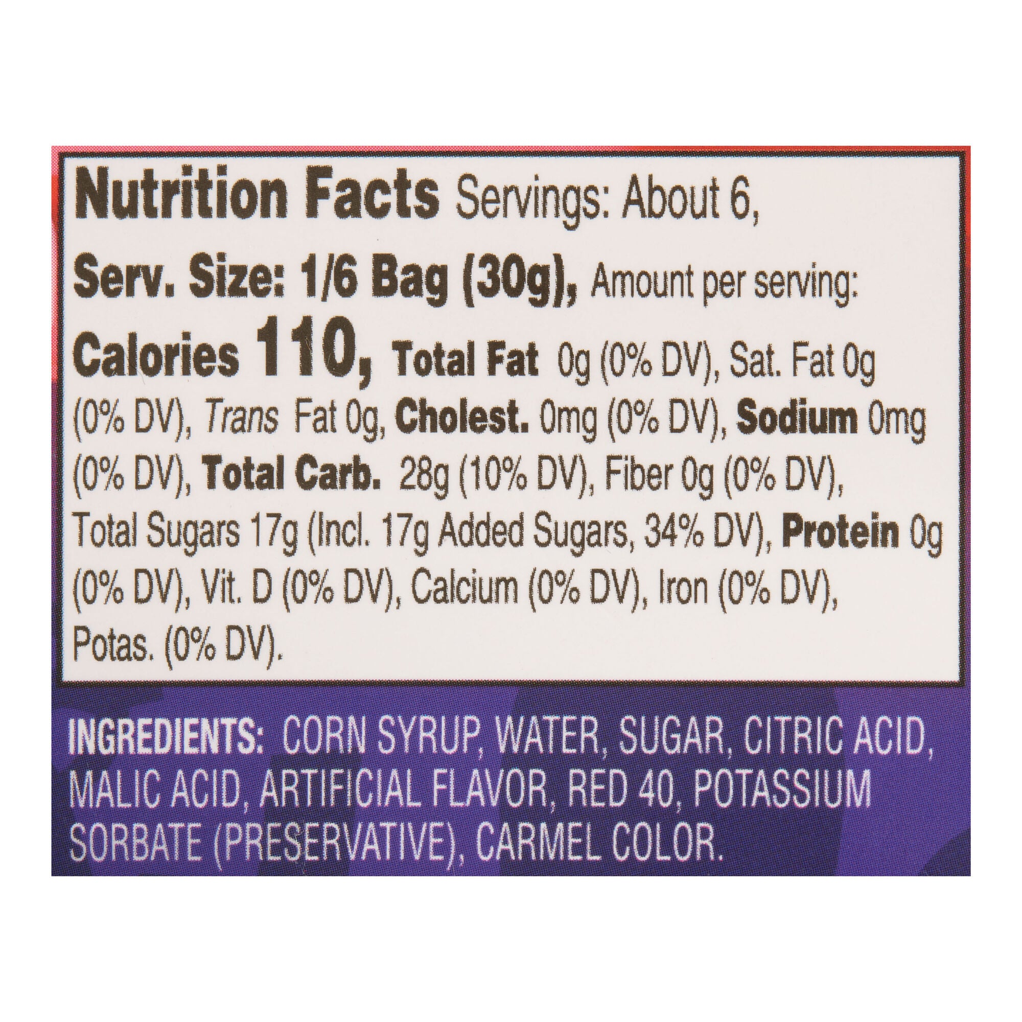A close-up of a Nutrition Facts label showing serving size, calories, and ingredients. The label has a white upper section with black text and a purple lower section with ingredient list text.