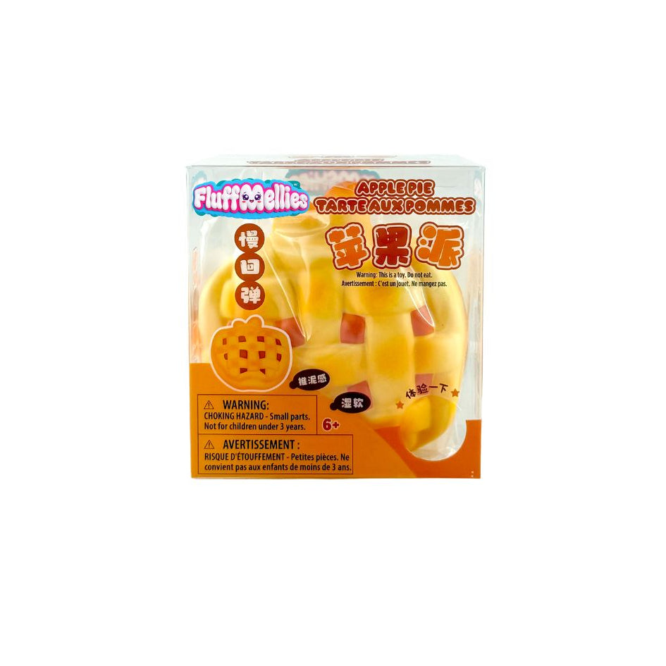 Boxed apple pie squishy toy with clear packaging and orange label.