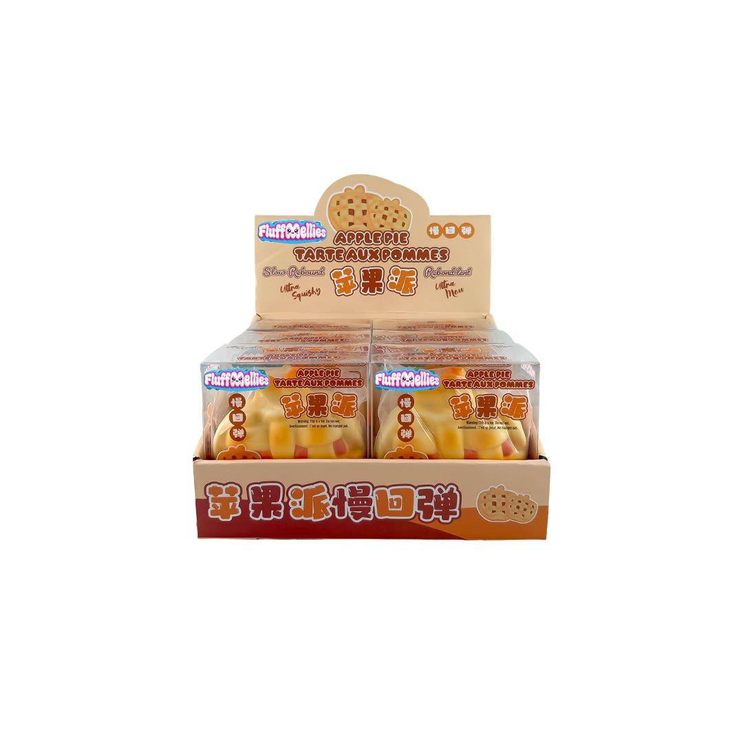 Counter display tray holding multiple boxed apple pie squishy toys with brown and orange packaging