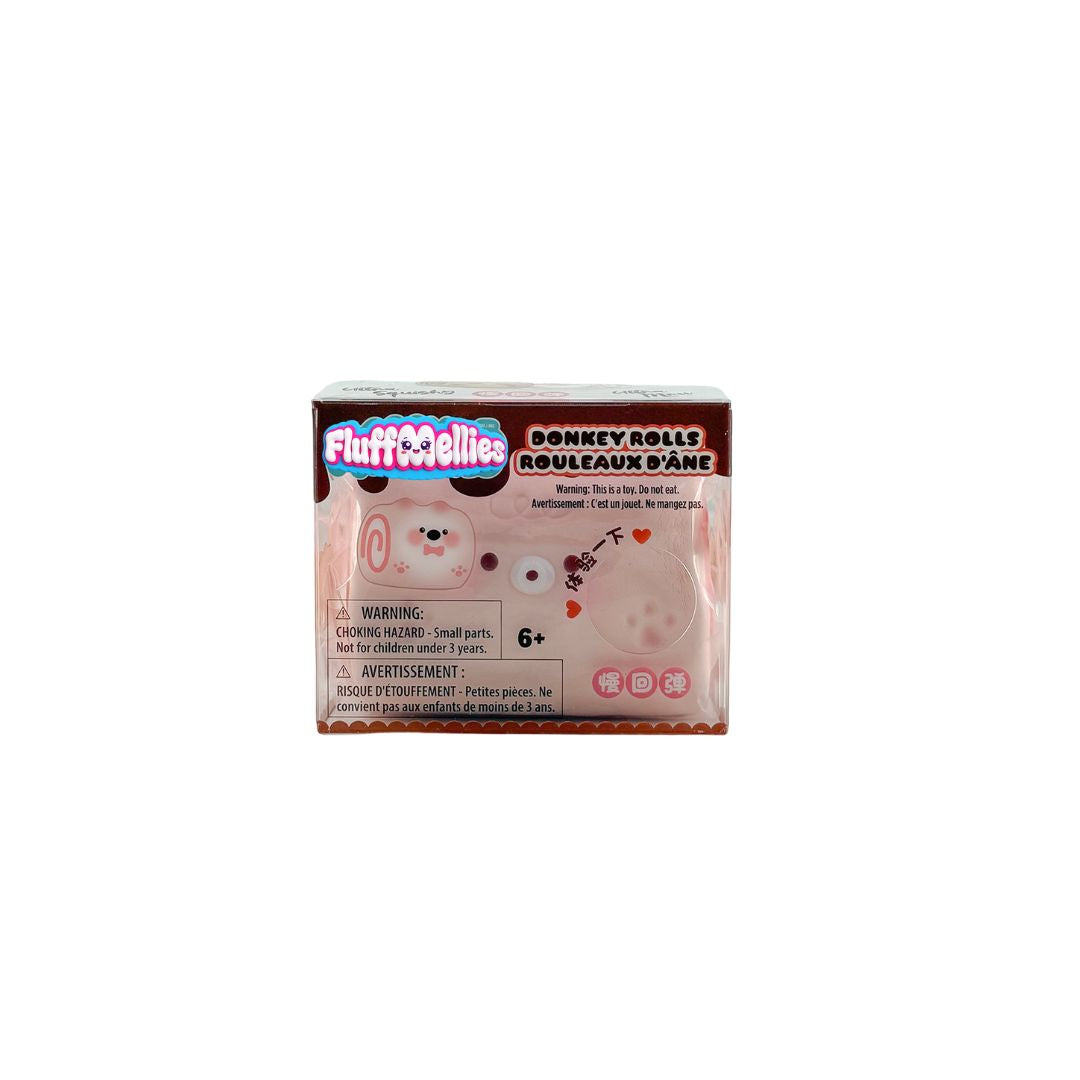 Boxed Fluffmellies Donkey Rolls squishy toy with pink character design and clear packaging.
