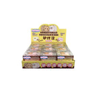Counter display tray with multiple boxed Fluffiemellies Donkey Rolls squishy toys in yellow and brown packaging.