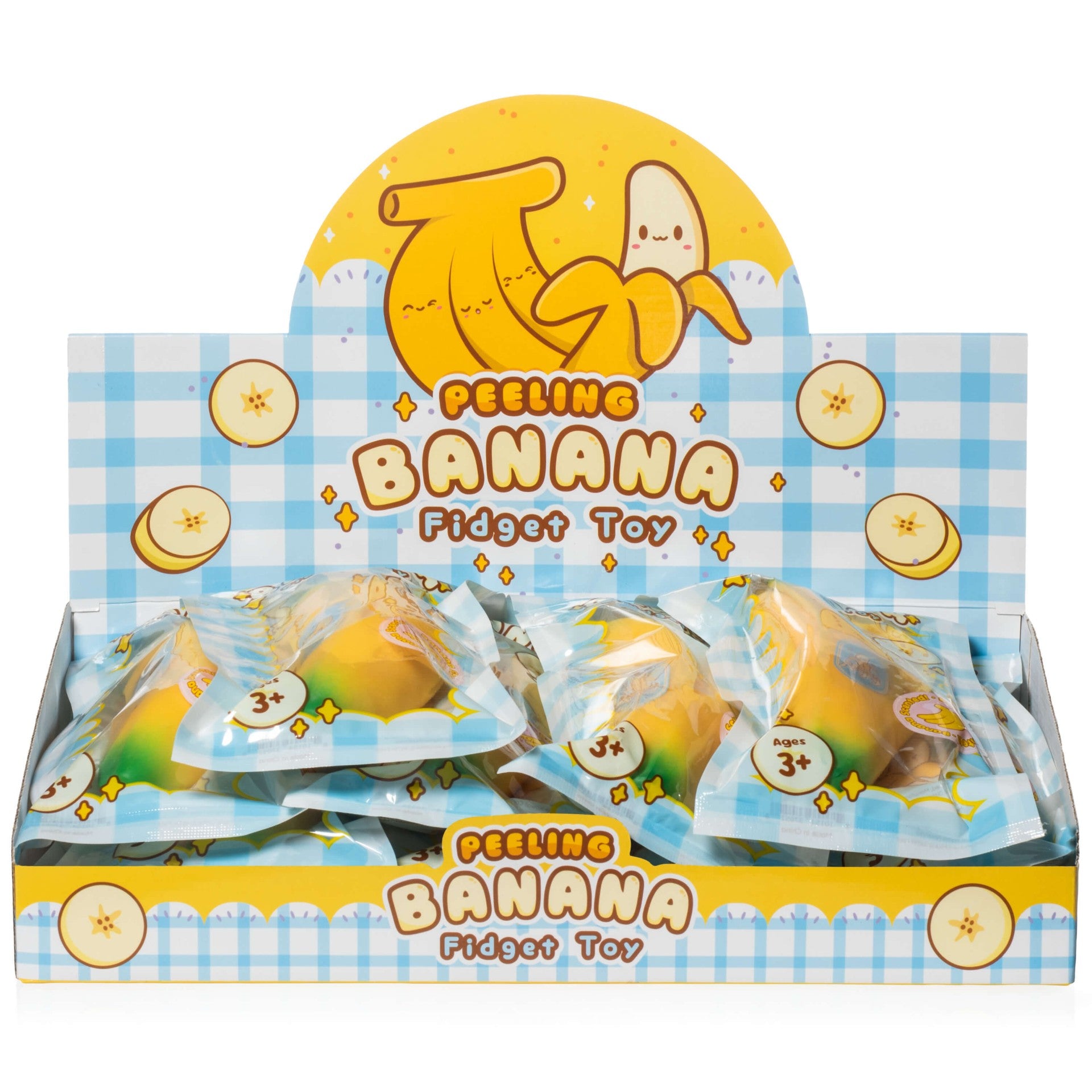 Retail display box of ‘Peeling Banana Fidget Toy’ products with banana‑shaped toys in individual packages