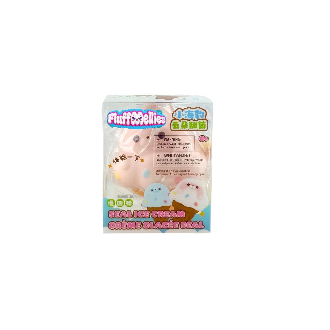 Boxed Fluffiemellies Seal Ice Cream squishy toy set with pink seal characters in clear packaging.