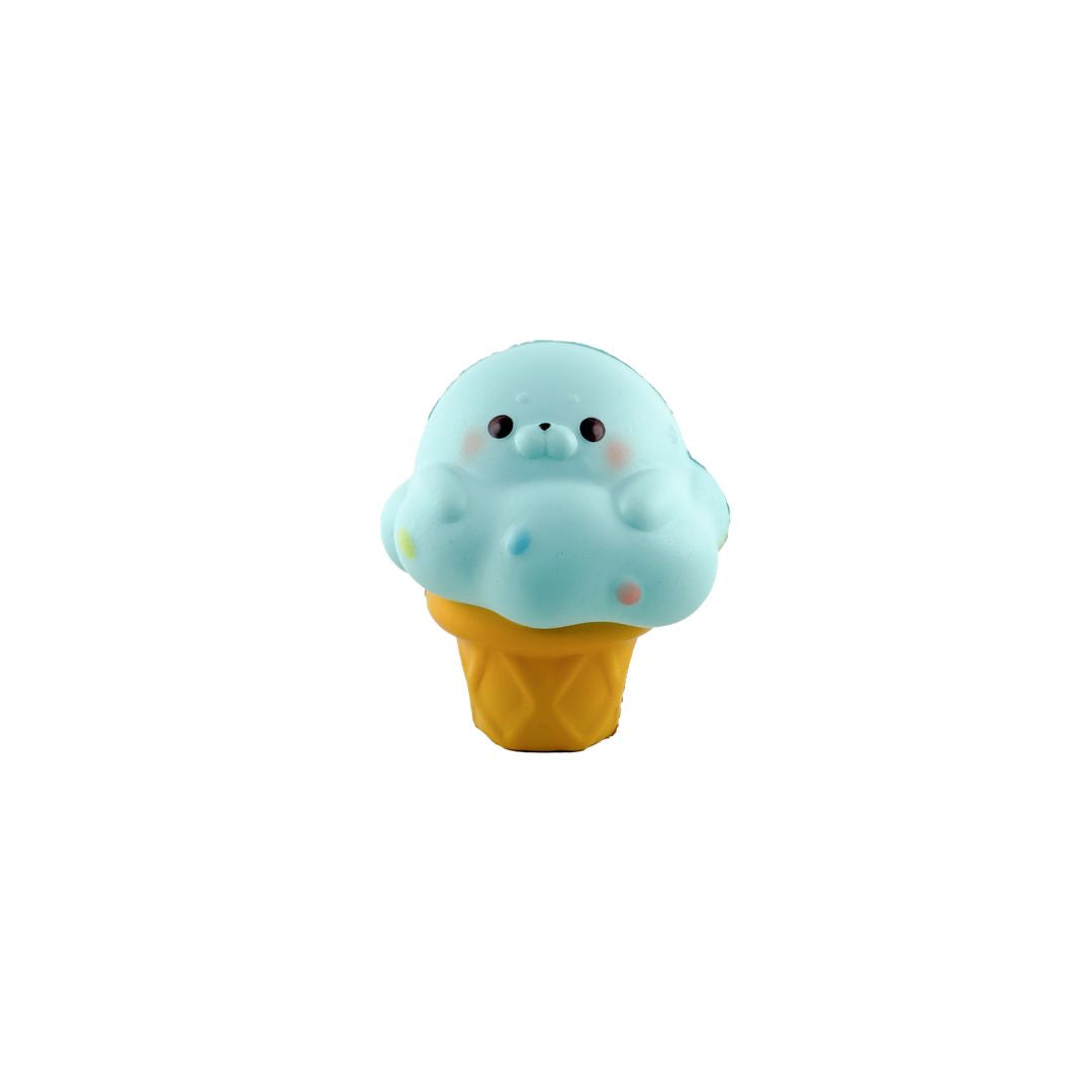 Blue seal ice cream cone–shaped squishy toy with a cartoon face on a white background.