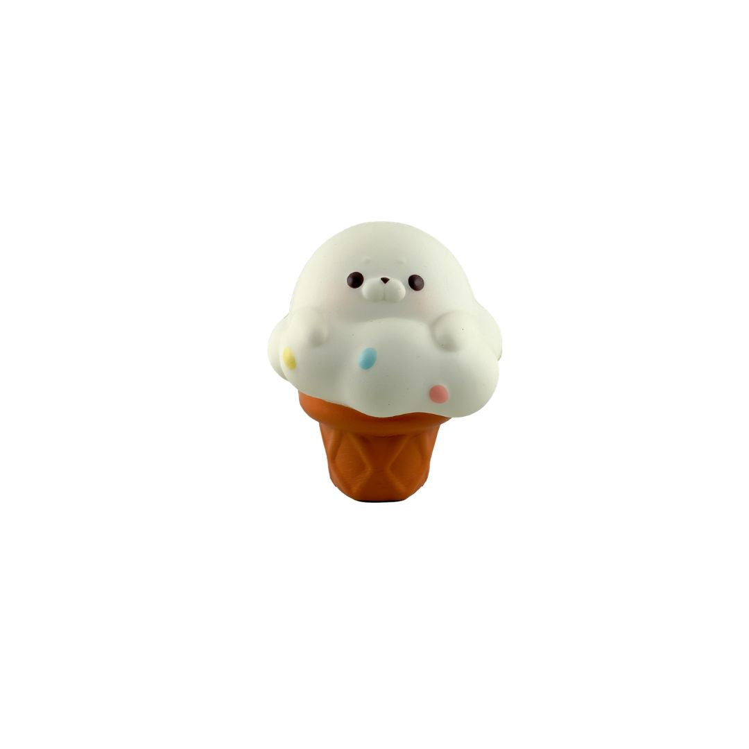 White seal ice cream cone–shaped squishy toy with a cartoon face on a white background.