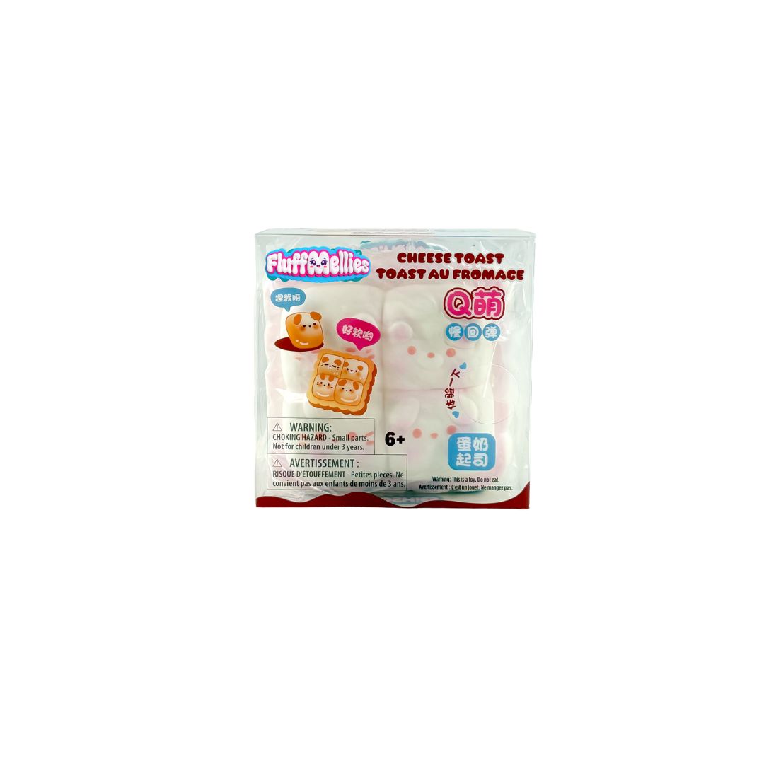 Boxed FluffieCollies Cheese Toast pink squishy toy with bunny-shaped design in clear packaging.