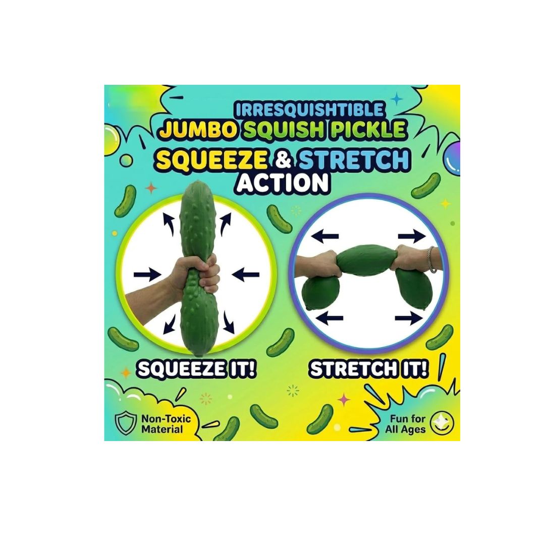 Graphic showing a jumbo pickle squishy being squeezed and stretched, highlighting squeeze and stretch action