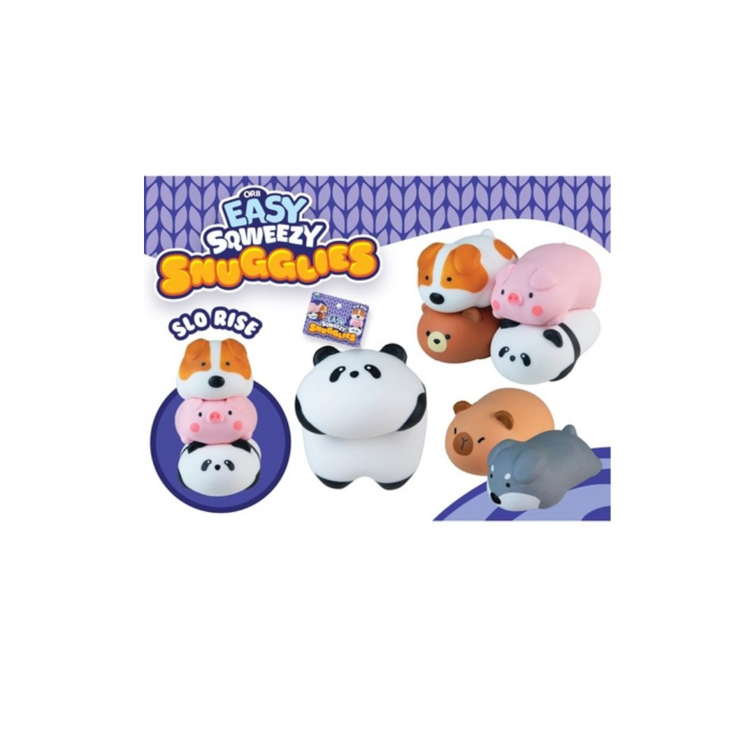 “Easy Squeezy Smushables” slow‑rise squishy toys, showing several soft animal‑shaped figures stacked and grouped together, including a panda, pig, dog, bear, and raccoon, on a purple patterned background with product branding.