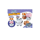 “Easy Squeezy Smushables” slow‑rise squishy toys, showing several soft animal‑shaped figures stacked and grouped together, including a panda, pig, dog, bear, and raccoon, on a purple patterned background with product branding.