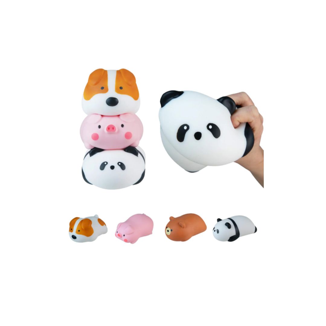 Collection of animal‑shaped squishy toys shown together, including a stacked set of a dog, pig, and panda, plus a hand squeezing a panda‑shaped squishy, with smaller individual animal versions displayed below on a white background.