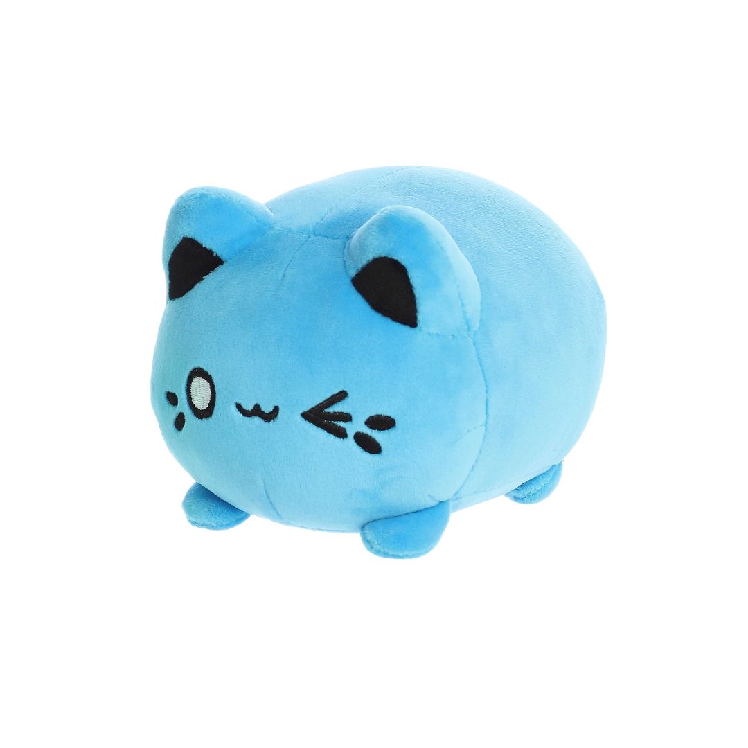 Small blue plush toy shaped like a round cat, with black ears, simple embroidered eyes, whisker markings, and short legs, shown on a white background.