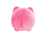 Back view of a small pink plush toy shaped like a round cat, with two pointed ears, a short stitched tail at the center, and small rounded feet, shown on a white background.