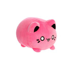 Angled front view of a small pink plush toy shaped like a rounded cat, with black inner ears, embroidered eyes, whisker markings, a small stitched smiling mouth with tongue showing, and short stubby legs, displayed on a white background.