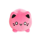  Front view of a small pink plush toy shaped like a round cat, with black ear tips, embroidered eyes, whisker markings, a small stitched mouth with tongue showing, and short stubby legs, displayed on a white background.
