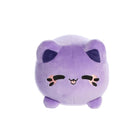  Front view of a small purple plush toy shaped like a round cat, with darker purple inner ears, embroidered closed eyes, whisker markings with pink accents, a small stitched smiling mouth, and short stubby legs, shown on a white background.