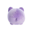Back view of a small purple plush toy shaped like a round cat, with two pointed ears, a short stitched tail at the center, and small rounded feet, shown on a white background.