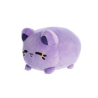 Angled front view of a small purple plush toy shaped like a rounded cat, with darker purple inner ears, embroidered closed eyes, whisker markings, a small stitched smiling mouth, and short stubby legs, shown on a white background.
