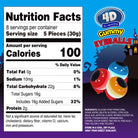 Nutrition facts label for 4D Gummy Eyeballs with colorful gummy eyeball illustration on a blue and purple background.