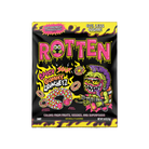 Gummy candy package with colorful text and graphics on a black background
