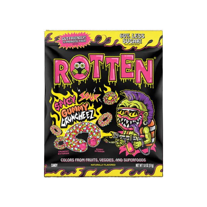 Gummy candy package with colorful text and graphics on a black background
