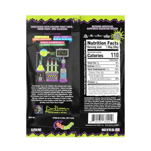 Back view of a snack package with nutrition facts and branding details.