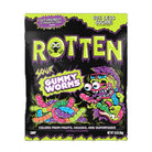 Packaging of Rotten Sour Gummy Worms with colorful design and text on a white background
