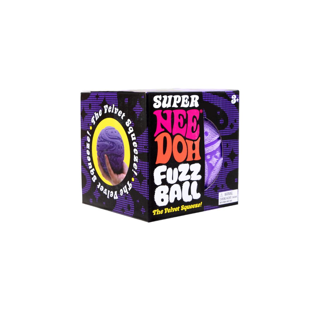  Front and side view of a boxed “Super NeeDoh Fuzz Ball” squishy toy in purple‑and‑black packaging, featuring a circular window that reveals a purple textured ball inside. The box includes the text “Super NeeDoh Fuzz Ball,” “The Velvet Squeeze!,” and an age rating of 3+.