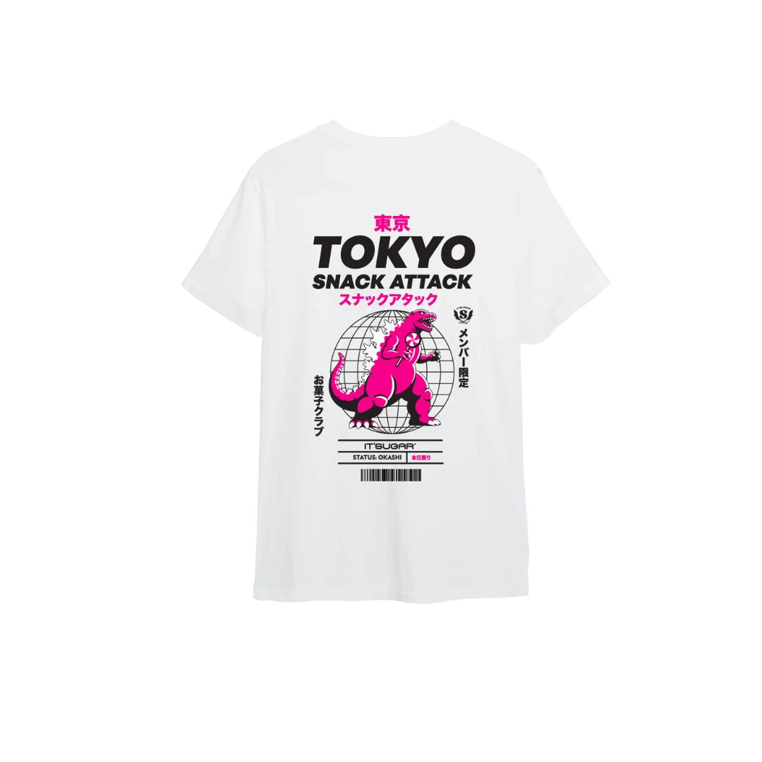 White T‑shirt featuring a bold graphic with the text ‘Tokyo Snack Attack’ and a pink cartoon monster illustration on the back