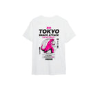 White T‑shirt featuring a bold graphic with the text ‘Tokyo Snack Attack’ and a pink cartoon monster illustration on the back