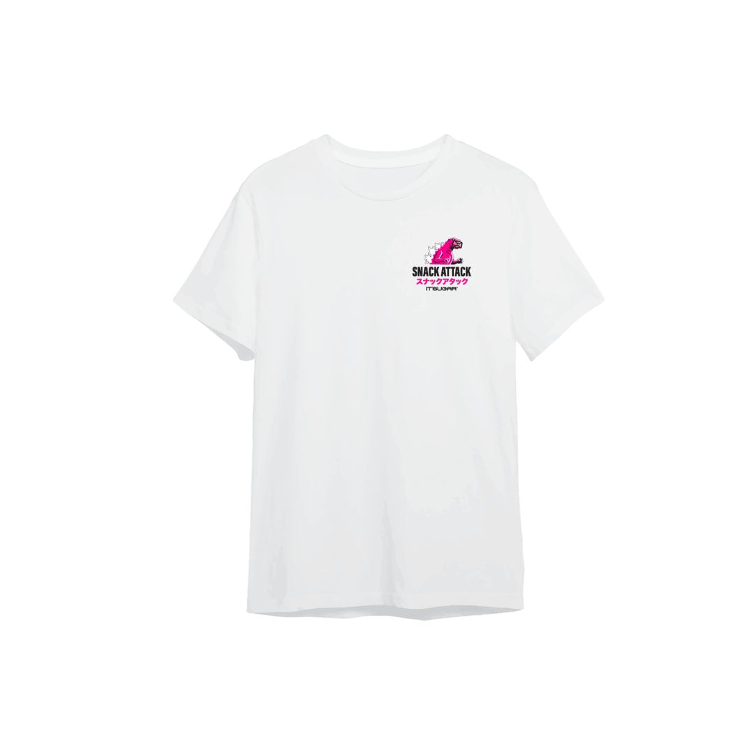White T‑shirt with a small ‘Snack Attack’ graphic and pink monster illustration on the left chest