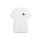 White T‑shirt with a small ‘Snack Attack’ graphic and pink monster illustration on the left chest