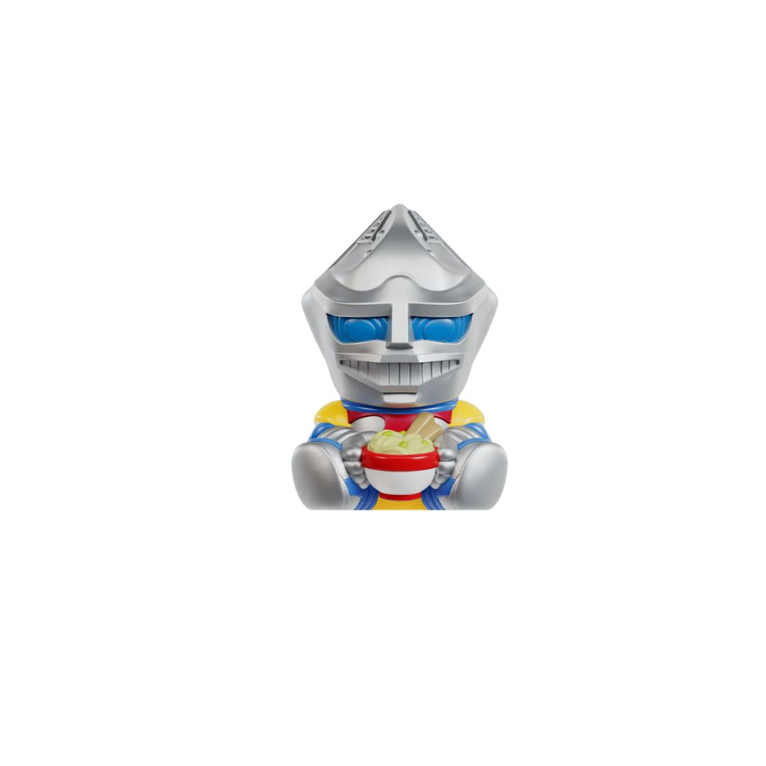 Silver robot‑style collectible figurine holding a red bowl, centered on a white background