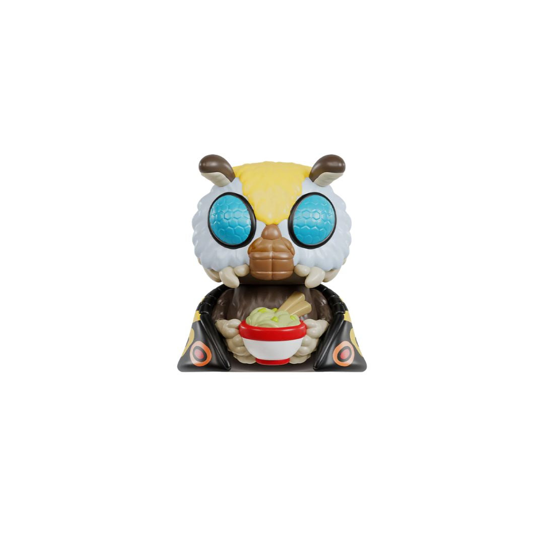 Insect‑style collectible figurine with large blue eyes holding a red bowl, centered on a white background